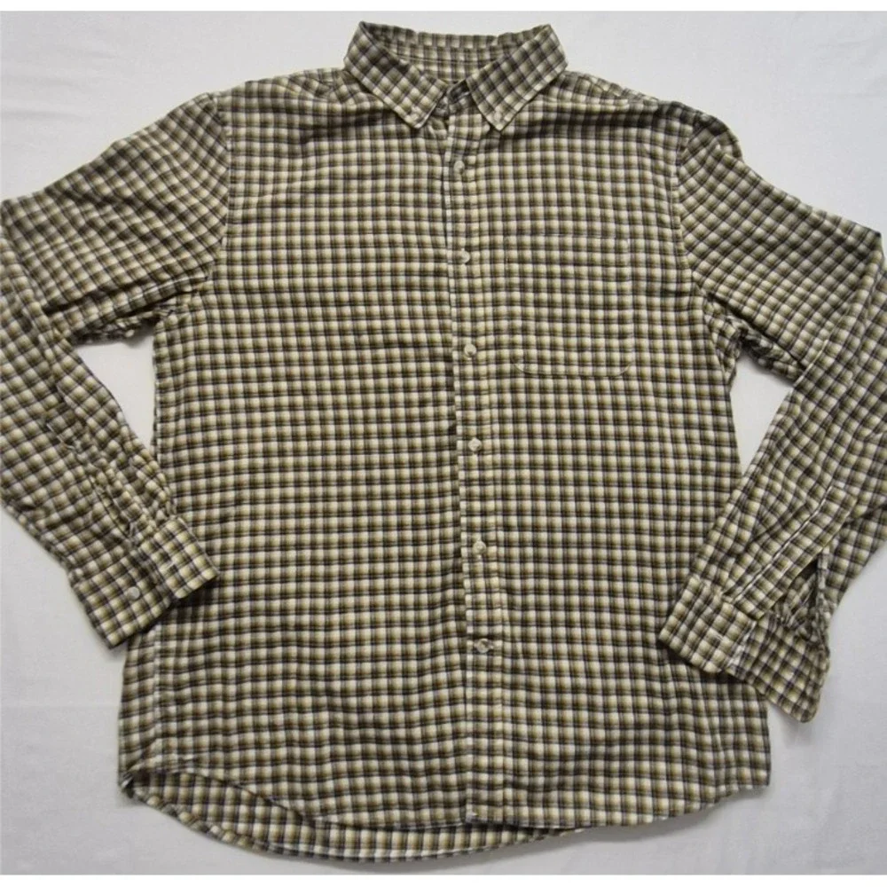 Banana Republic Untucked Fit men's brown plaid‎ LS button up shirt LG Cotton